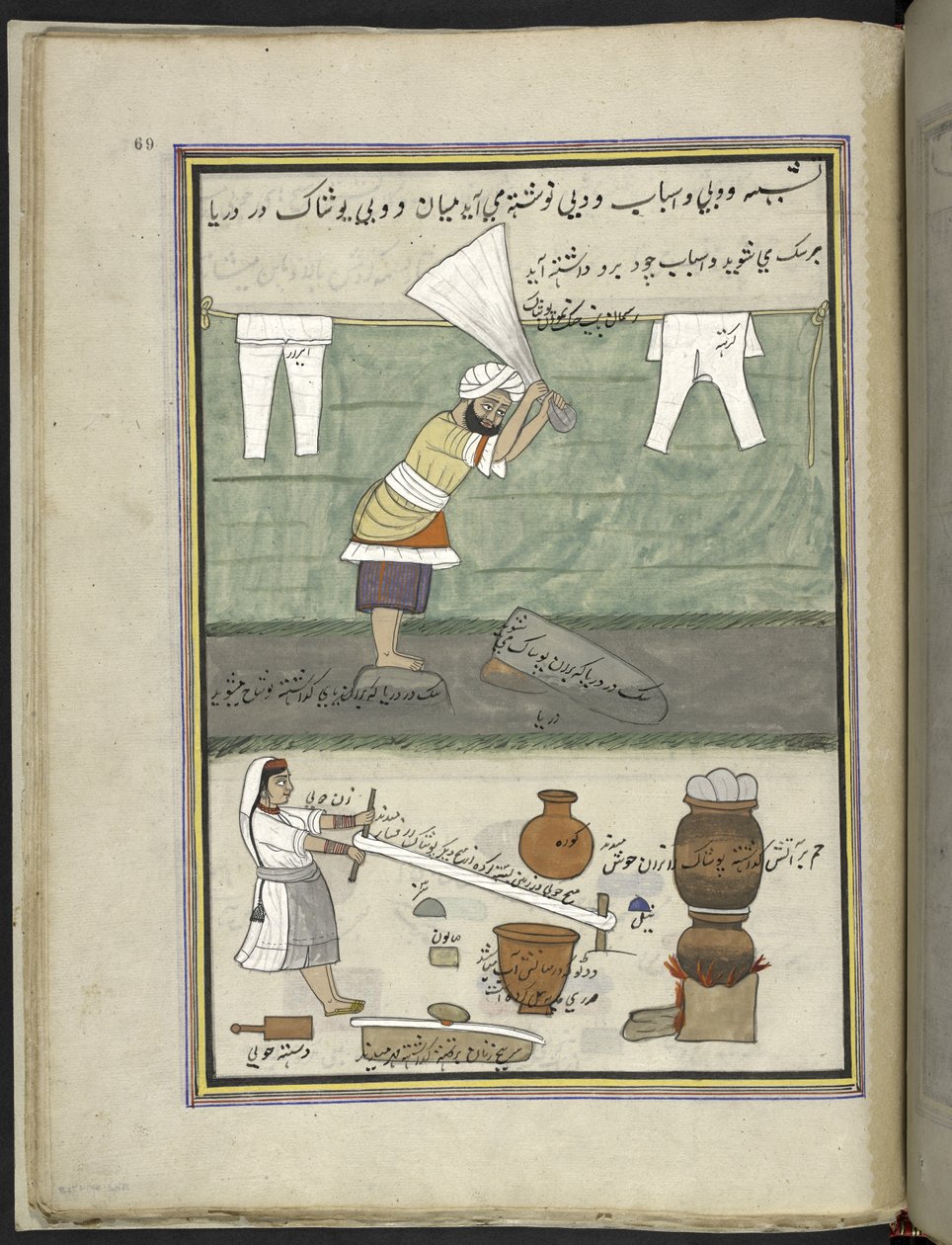 Lavandero y lavandera,  86 dibujos encuadernados en un volumen que representa oficios y ocupaciones en Cachemira, se muestra a los artesanos trabajando con sus implementos y equipos,  Por un artista de Cachemira, probablemente en Srinagar, c.1850-60 (gouac de Indian School