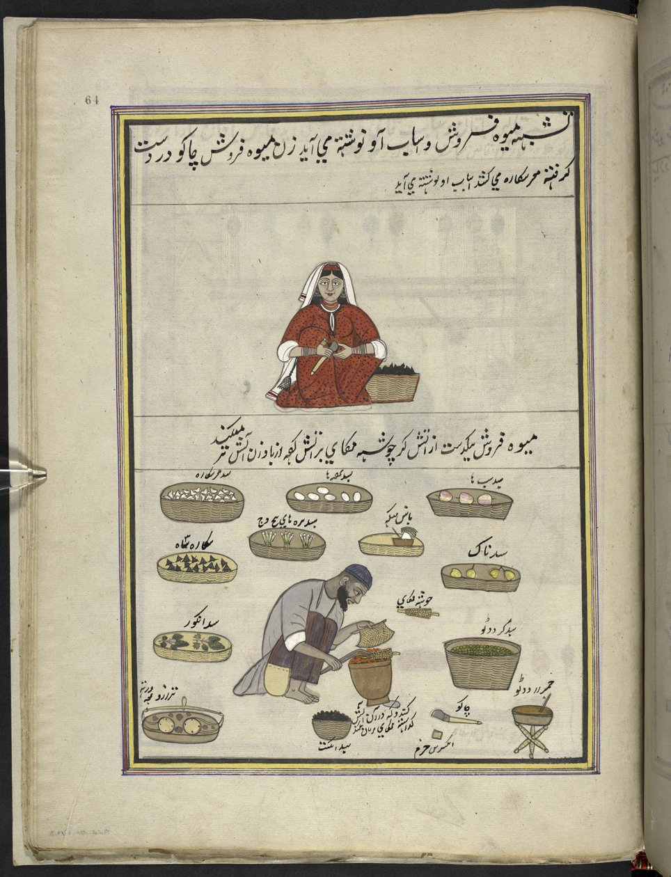 Mujer vendedora de frutas; hombre asando maíz,  86 dibujos encuadernados en un volumen que representa oficios y ocupaciones en Cachemira, se muestra a los artesanos trabajando con sus implementos y equipos,  Por un artista de Cachemira, probablemente en Sr de Indian School