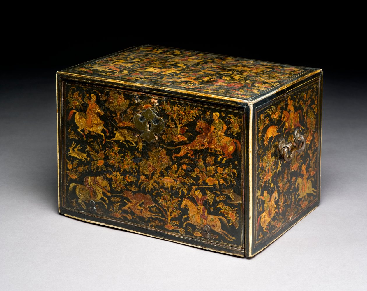 Gabinete de escritura que representa a nobles cazando, siglo XVII de Indian School