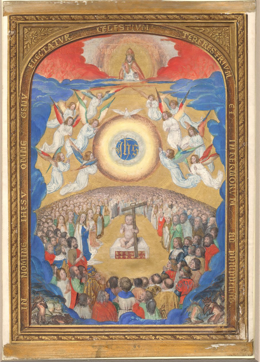 Hoja de manuscrito con la adoración del Santo Nombre, de un Libro de Horas de Influence of Simon Bening