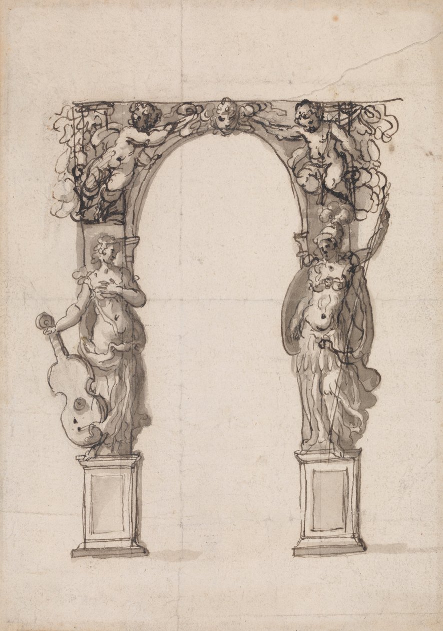 Diseño de un arco temporal ornamentado con putti y figuras alegóricas de la música y la guerra de Inigo Jones