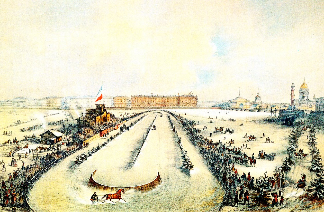 Carreras de caballos en el río Neva congelado en San Petersburgo, Rusia, 1859 de Iosif Adolfovich Charlemagne