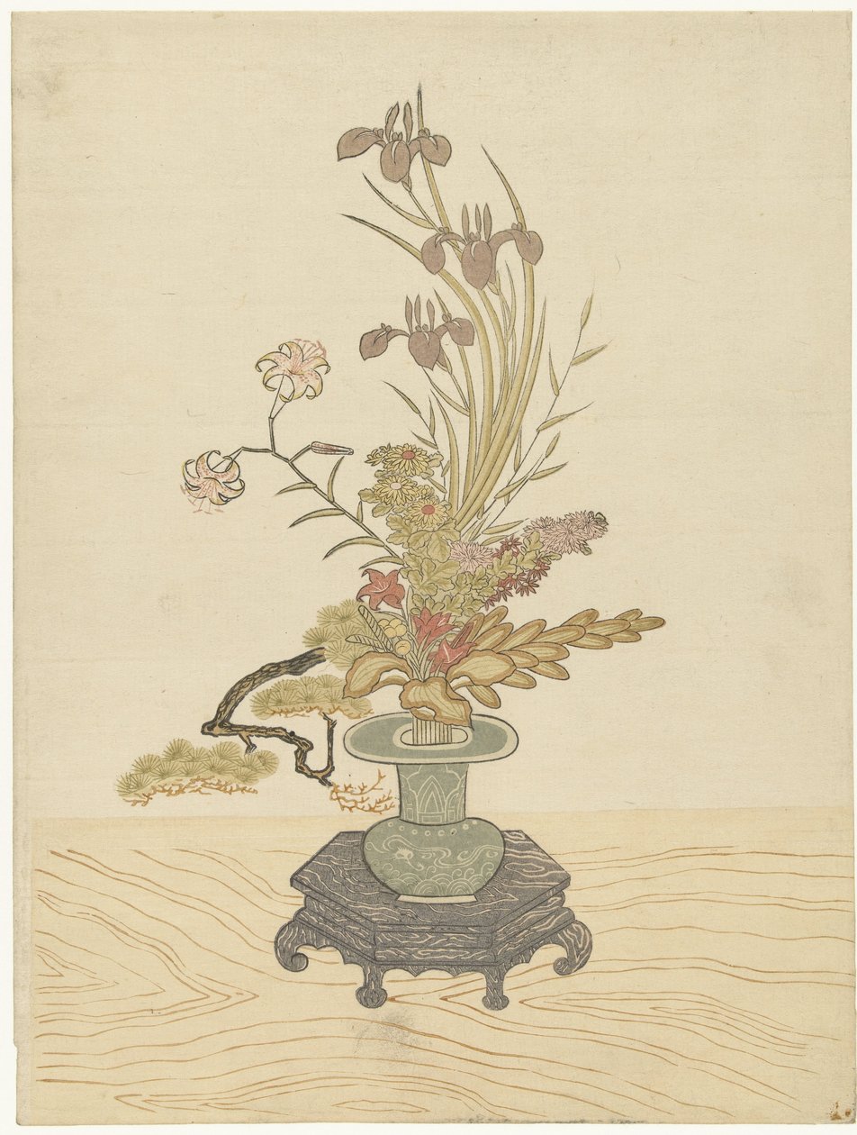 Arreglo de flores Ikebana en jarrón verde de Ippitsusai Bunchô (manner of)