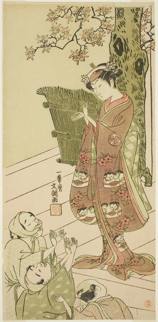 El actor Arashi Hinaji I, posiblemente como Yuya Gozen en la obra Ima o Sakari Suehiro Genji (El clan Genji ahora en su apogeo), representada en el Teatro Nakamura desde el primer día del undécimo mes, 1768 de Ippitsusai Bunchō
