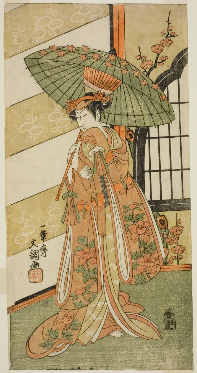 El actor Onoe Tamizo I como Nishikigi en la obra Mutsu no Hana Ume no Kaomise, representada en el Teatro Ichimura en el undécimo mes, 1769 de Ippitsusai Bunchō