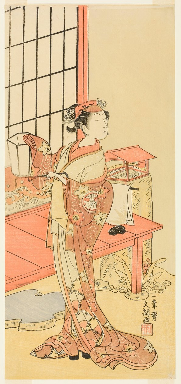 El actor Segawa Kikunojo II, posiblemente como la princesa Ayaori en la obra Ima o Sakari Suehiro Genji (El clan Genji ahora en su apogeo), representada en el Teatro Nakamura desde el primer día del undécimo mes, 1768 de Ippitsusai Bunchō
