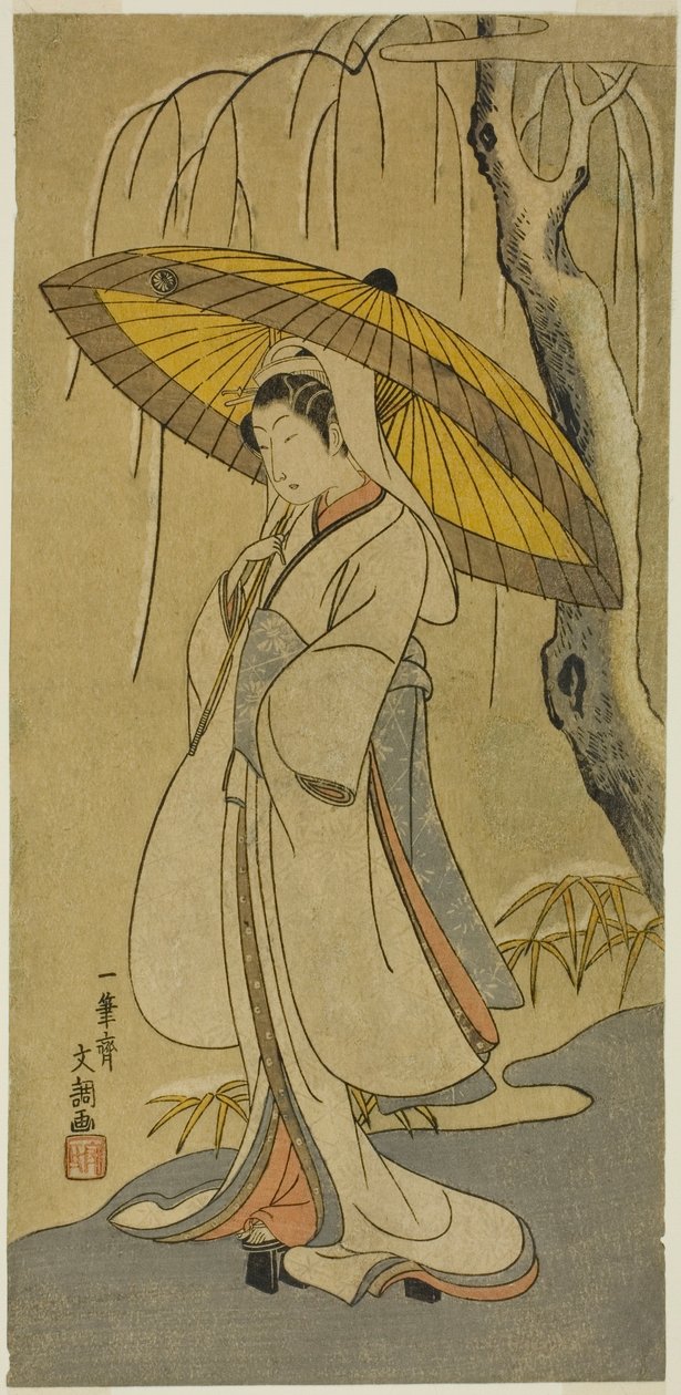El actor Segawa Kikunojo II como la Doncella Garza en la obra "Algodón de Izu protegiendo los crisantemos matrimoniales," representada en el Teatro Ichimura desde el primer día del undécimo mes, 1770 de Ippitsusai Bunchō