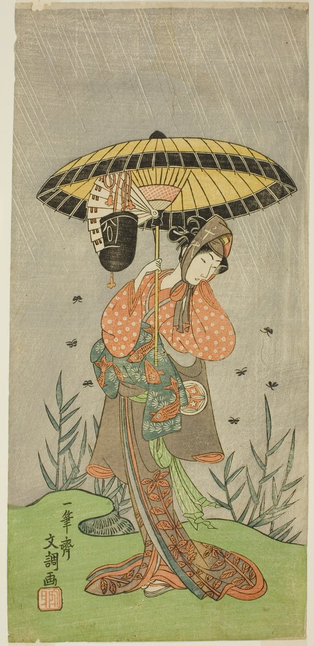 El actor Yamashita Kinsaku II como Nijo no Kisaki (?) en la obra Natsu Matsuri Naniwa Kagami (?), representada en el Teatro Morita (?) en el séptimo mes, 1770 (?) de Ippitsusai Bunchō