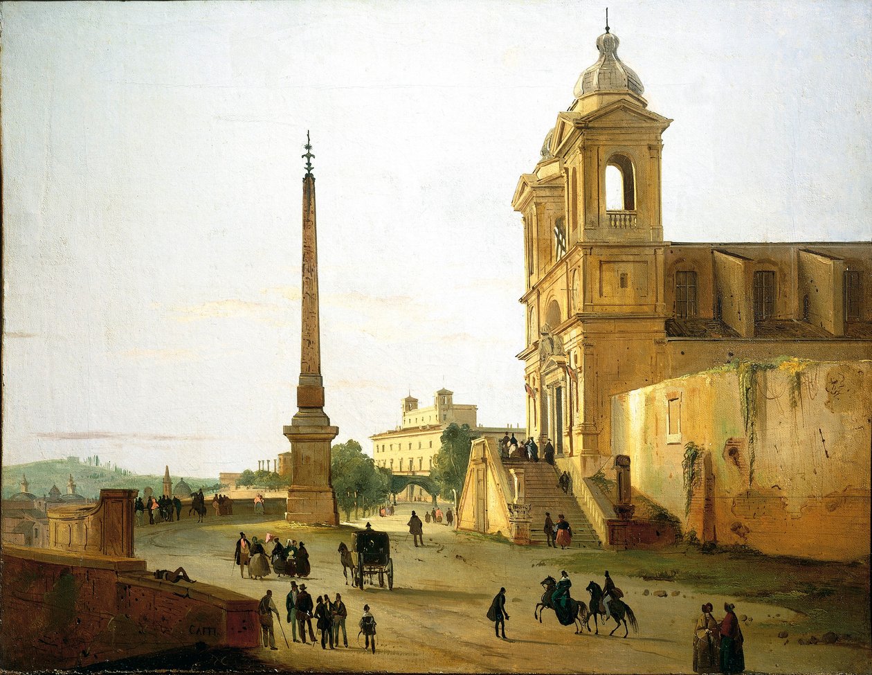 Italia, Roma, Iglesia de la Trinidad en el Monte y Obelisco de Salustio de Ippolito Caffi