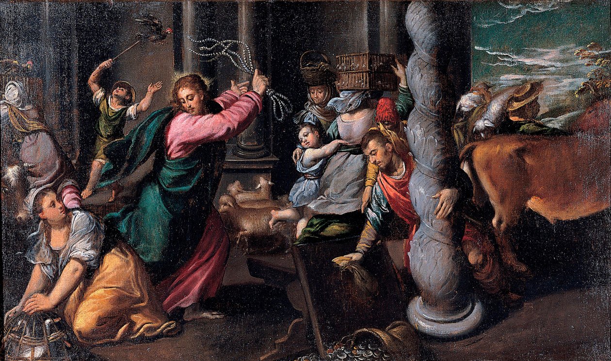 Le Christ chassant les marchands du temple - Cristo expulsando a los prestamistas del templo - Pintura de Ippolito Scarsellino (Scarsella) (1551-1620), Óleo sobre lienzo 1580-1585 (68x116 cm) - Musei Capitolini, Roma de Ippolito Scarcella