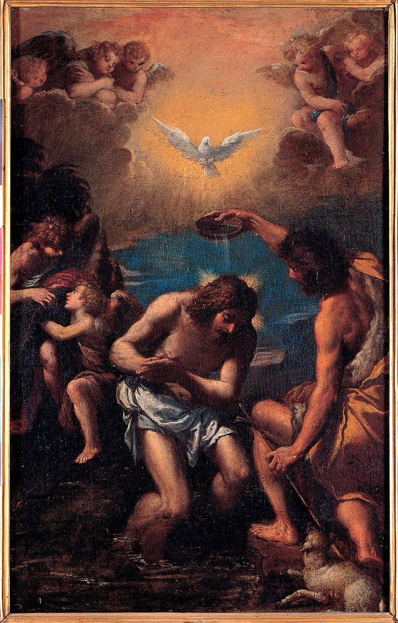 El bautismo de Cristo - San Juan Bautista bautiza a Jesucristo con las aguas del Jordán con, sobre ellas, la paloma del Espíritu Santo (Espíritu Santo) - El Bautismo de Cristo - Pintura de Ippolito Scarsellino (Scarsella) (1551- 1620) ), Óleo sobre madera  de Ippolito Scarcella