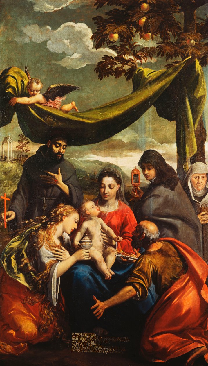 La Madonna y el Niño con los santos María Magdalena, Pedro, Clara y Francisco y un retrato de la abadesa de Ippolito Scarsella