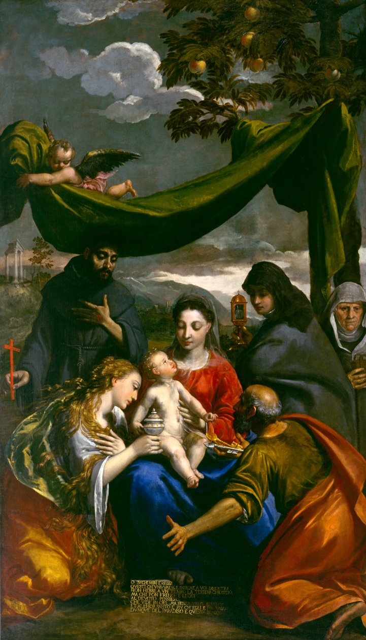 Virgen y Niño con los santos María Magdalena, Pedro, Clara, Francisco y una abadesa, c.1600 de Ippolito Scarsella
