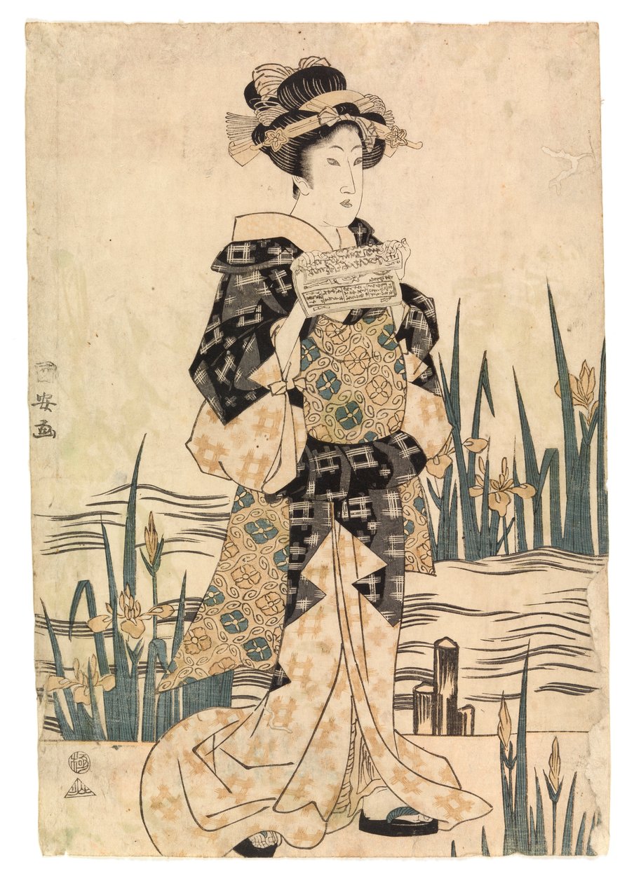 Dama "bijin" leyendo papel en un puente, c.1811-17 (xilografía en color) de Ipposai Kuniyasu