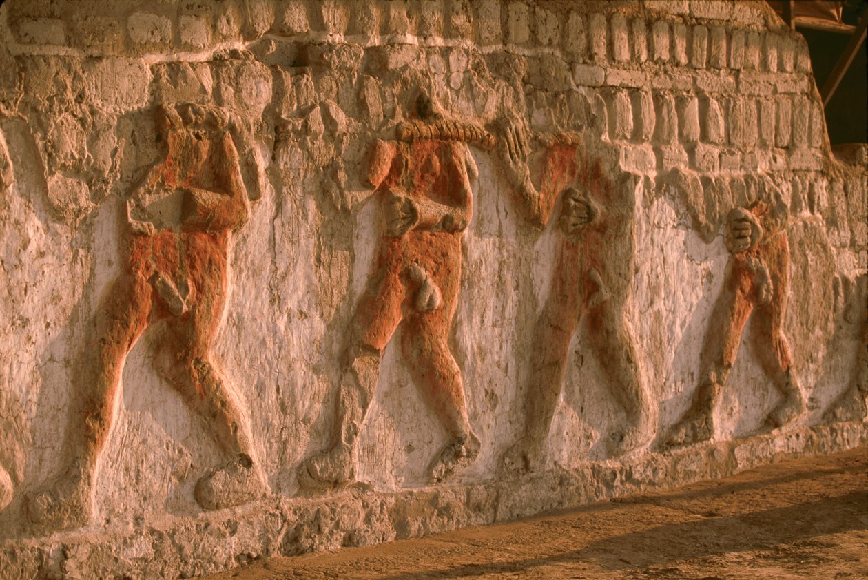 Friso de prisioneros moche desnudos en los muros de la Huaca Cao Viejo de El Brujo...., 2005 (foto) de Ira Block