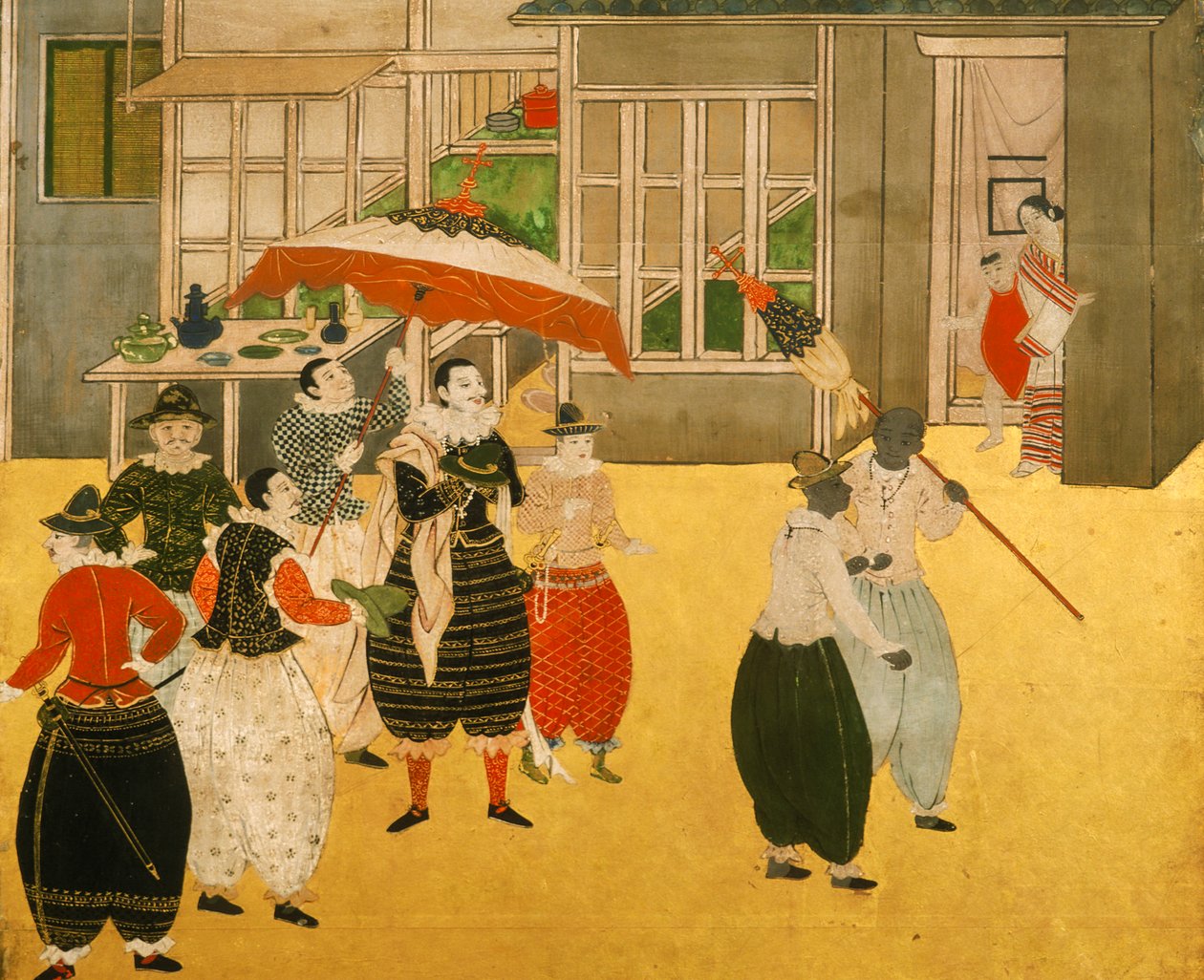 Detalles del biombo byobu de Namban que representa a los comerciantes portugueses que visitaron Japón durante el periodo Momoyama, 2005 (foto) de Ira Block