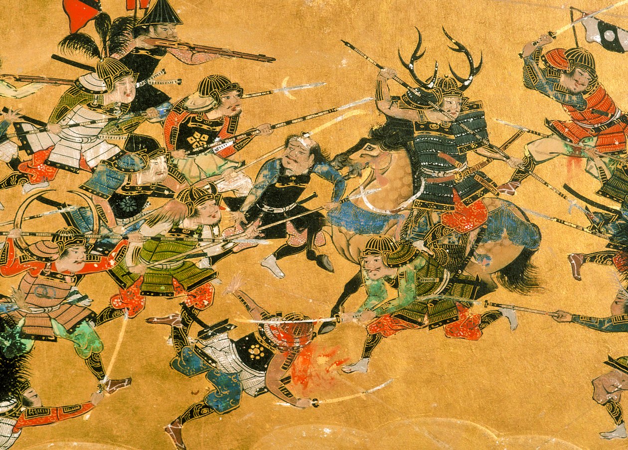 Los dos paneles centrales representan escenas de la Batalla de Osaka, Japón, 2005 (foto) de Ira Block