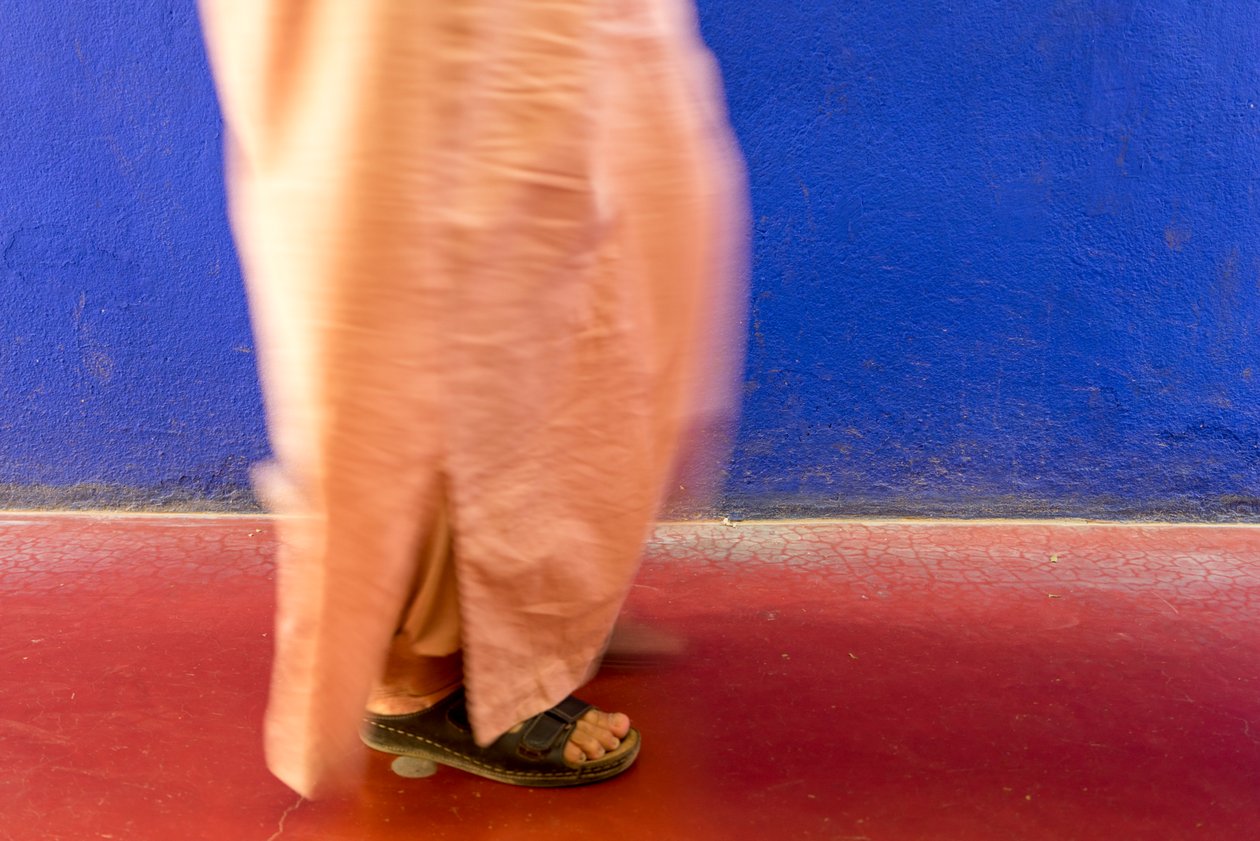 Caminando junto a un muro azul el Jardín Majorelle Jardin Majorelle en Marrakech, Marruecos., 2014 (foto) de Ira Block