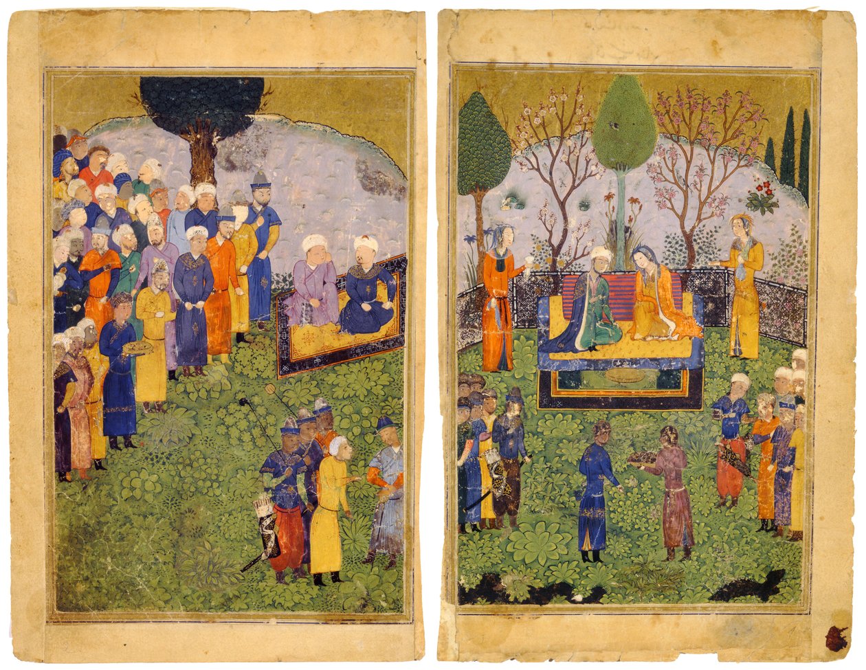 Una pareja principesca con cortesanos en un jardín. Del libro Shahnama de los Reyes de Iranian Master