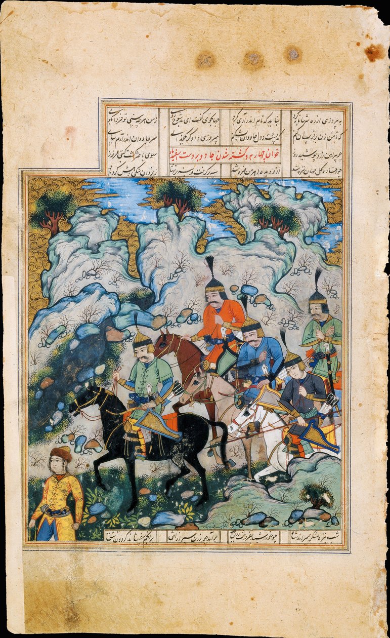 Esfandiyar y su ejército, iluminación de manuscrito del épico Shahname de Ferdowsi de Iranian Master