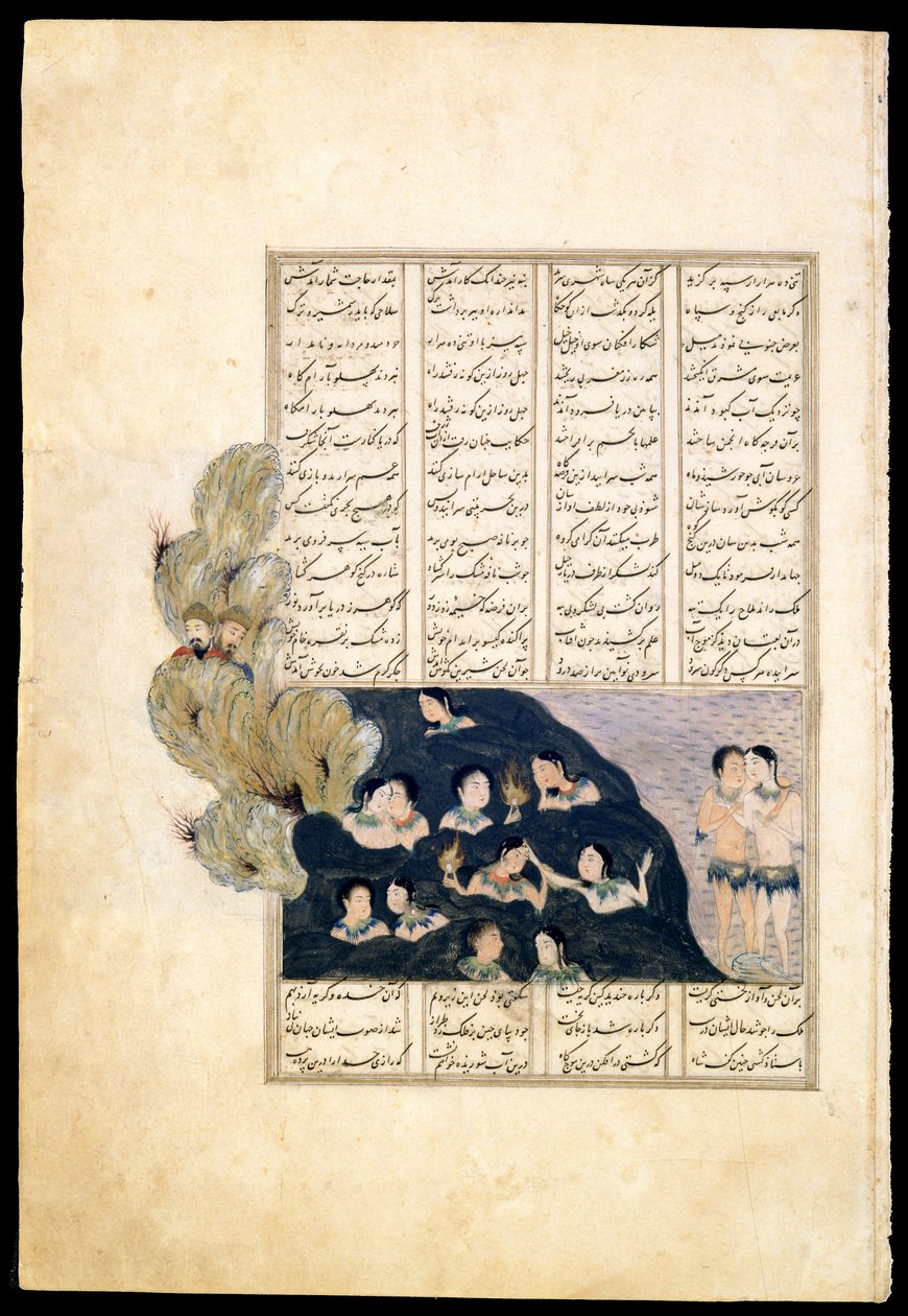 Iskander observando a las sirenas. Iluminación de manuscrito del épico Iskandar-nameh de Iranian Master
