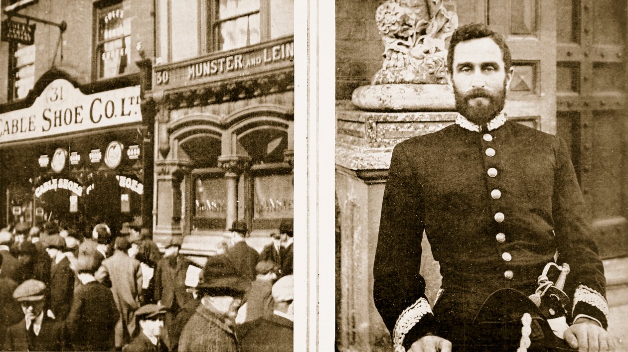 Saqueado por una turba de Dublín: una zapatería en Sackville Street, y el instigador de la rebelión irlandesa con ayuda alemana: Sir Roger Casement, de The Illustrated War News de Irish Photographer