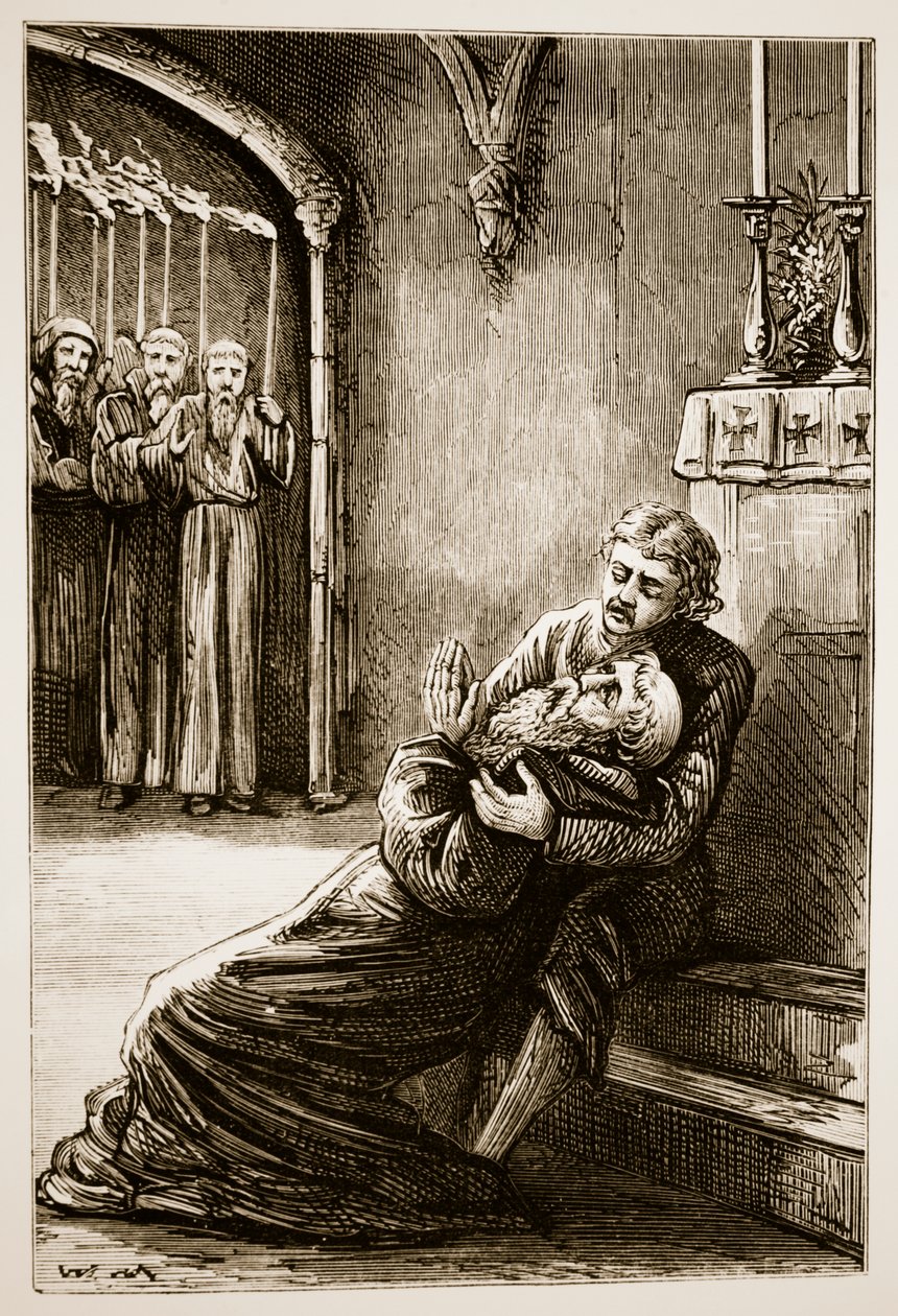 Muerte de San Columba, de The Trias Thaumaturga, o Tres Santos Milagrosos de Irlanda, por Mary Cusack (1829-99) publicado c.1890s de Irish School