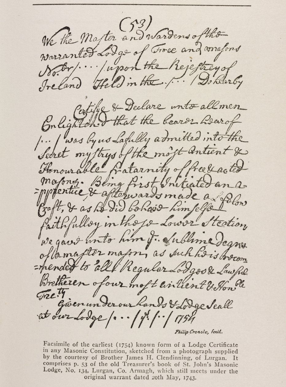 Certificado más antiguo conocido (irlandés) con un sello de la Gran Logia, 1762 de Irish School