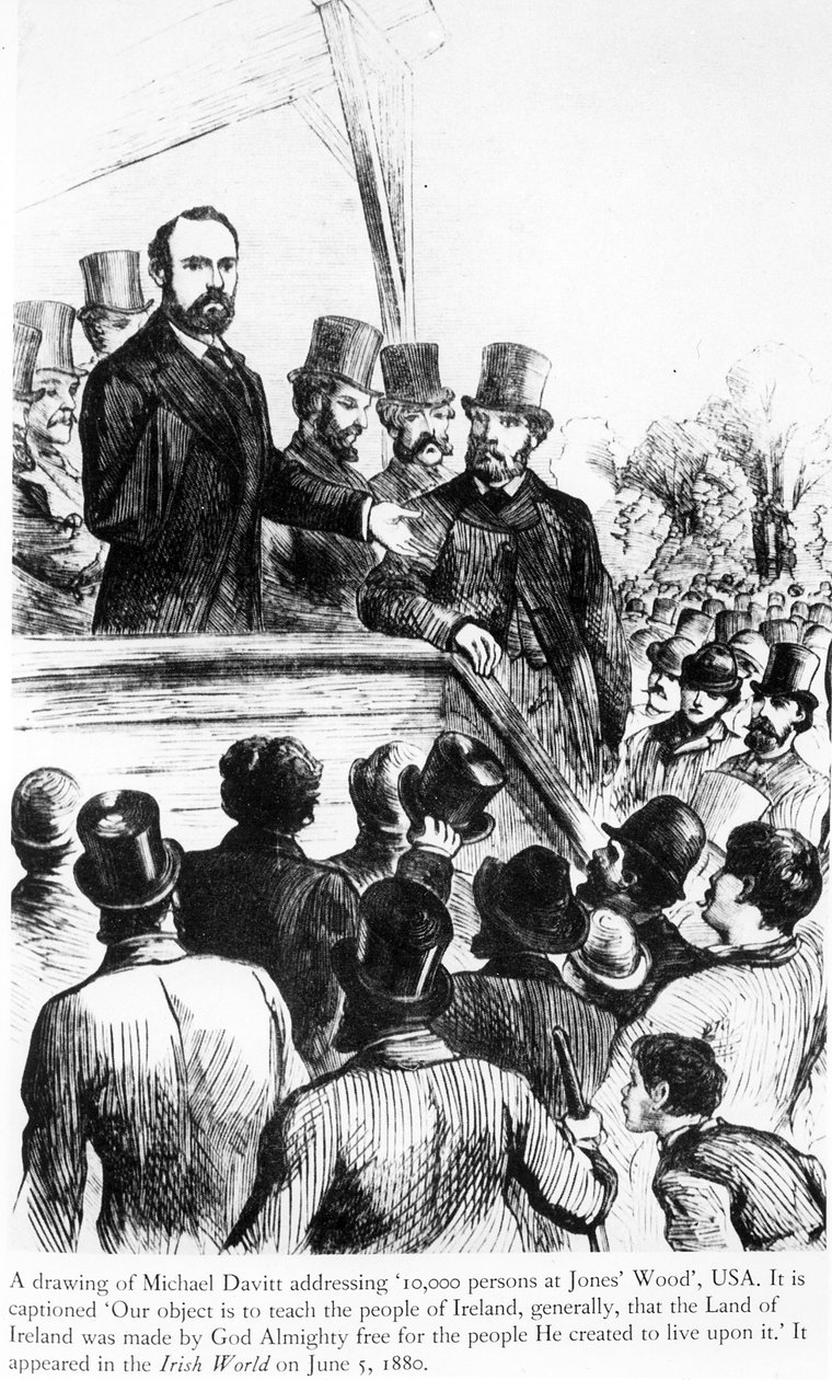 Michael Davitt dirigiéndose a 100,000 personas en Jones Wood, EE.UU., de Irish World, 5 de junio de 1880 de Irish School