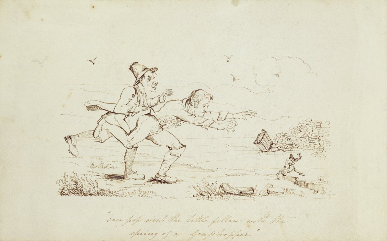 Sobre Pop Fue el Pequeño con el Salto de un Saltamontes, ilustración de libro que muestra a Dos Irlandeses Persiguiendo a un Duende, siglo XIX de Irish School