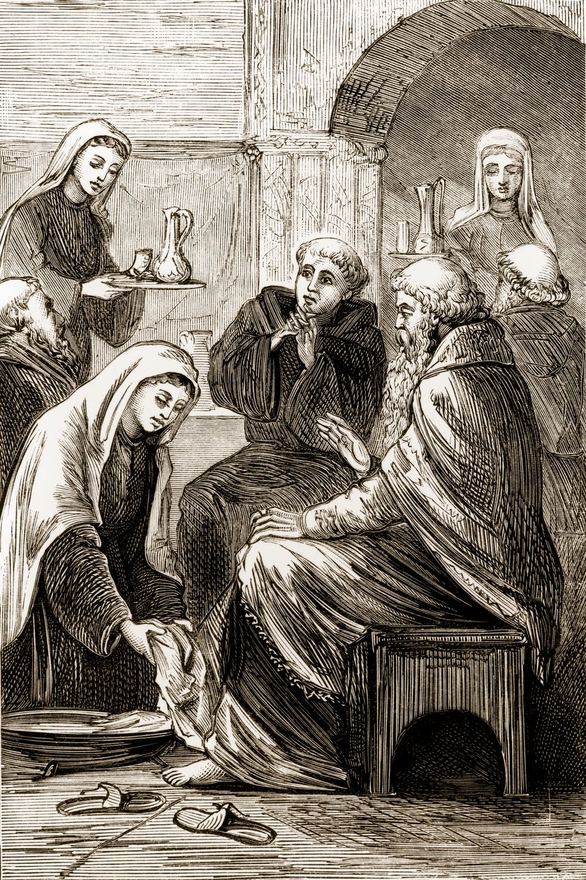 Santa Brígida entreteniendo a un obispo, de The Trias Thaumaturga, o Tres Santos Milagrosos de Irlanda, por Mary Cusack (1829-99) publicado c.1890s de Irish School