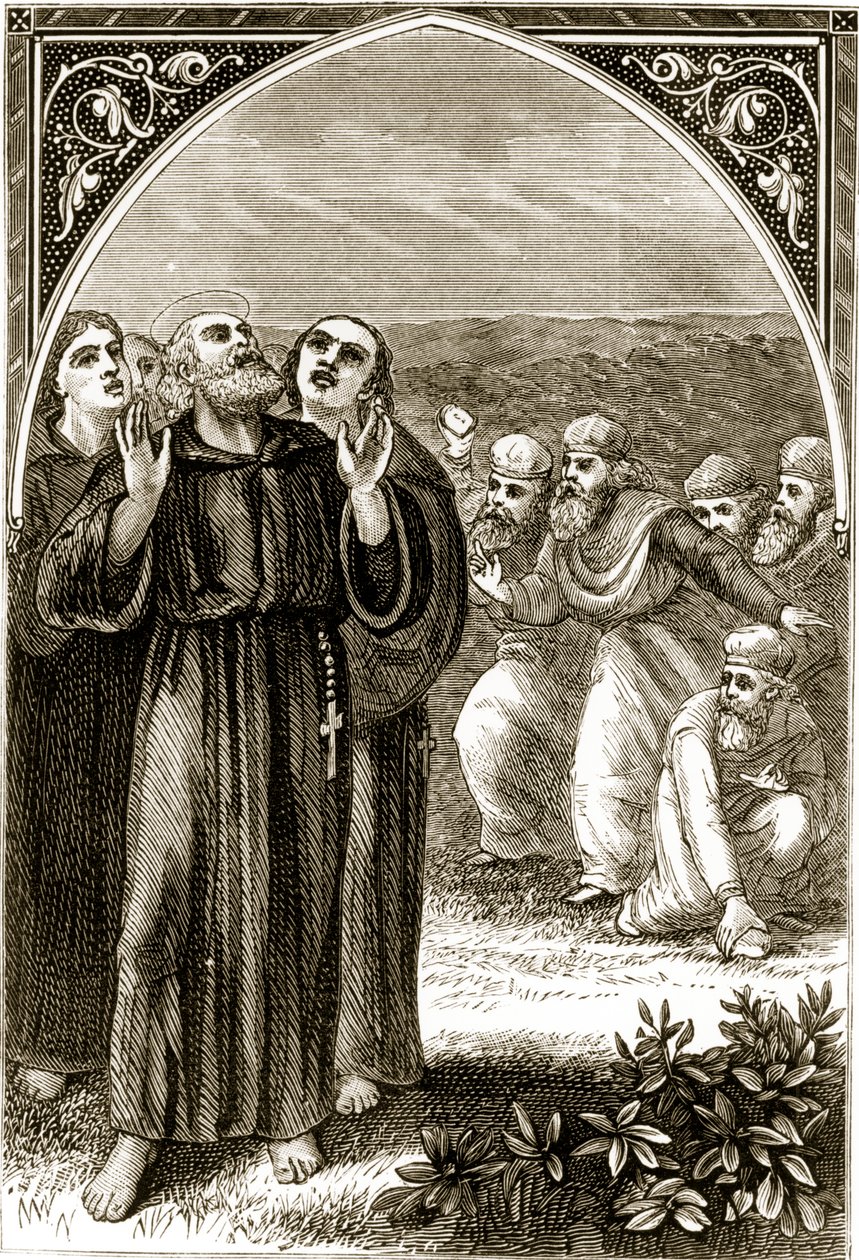 San Columba cantando, y atacado por los druidas, de The Trias Thaumaturga, o Tres Santos Milagrosos de Irlanda, por Mary Cusack (1829-99) publicado c.1890s de Irish School