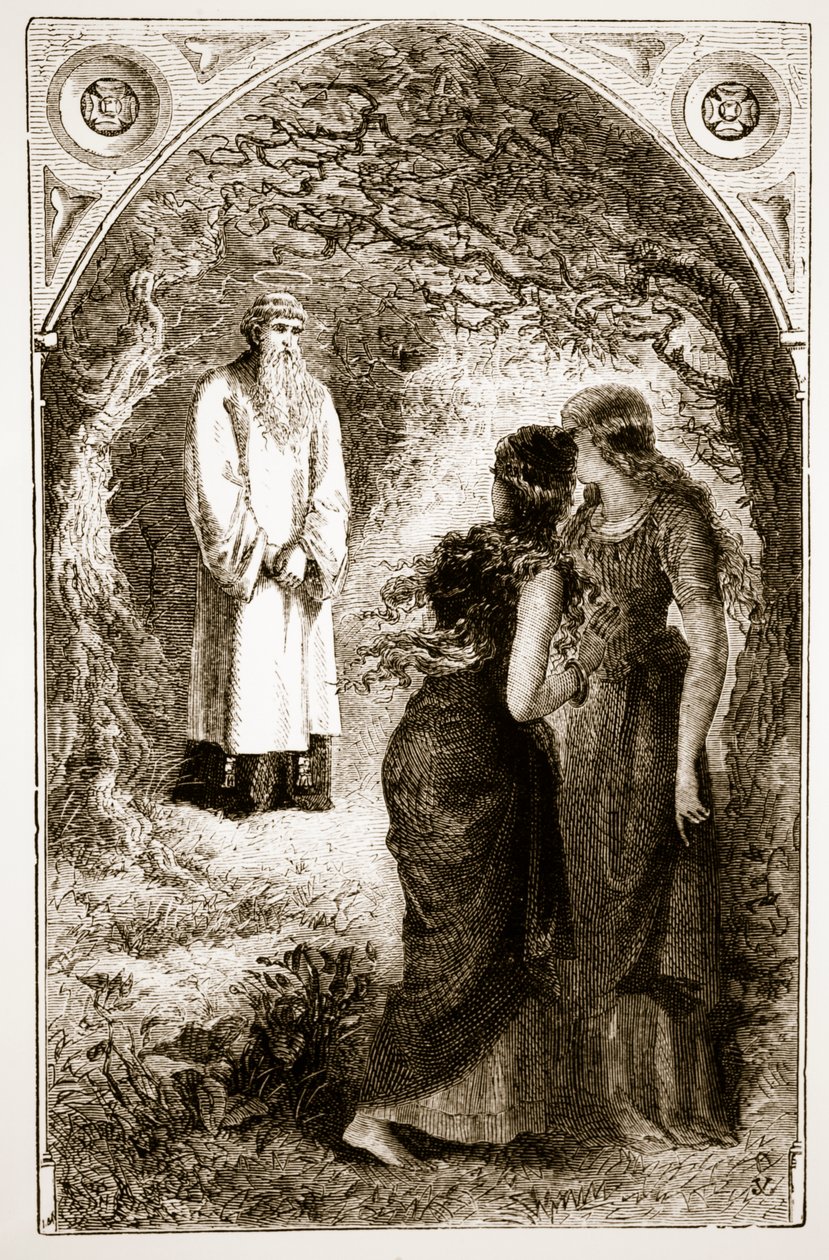 San Patricio encontrado por vírgenes en el bosque de Fochlut, de The Trias Thaumaturga, o Tres Santos Milagrosos de Irlanda, por Mary Cusack (1829-99) publicado c.1890s de Irish School
