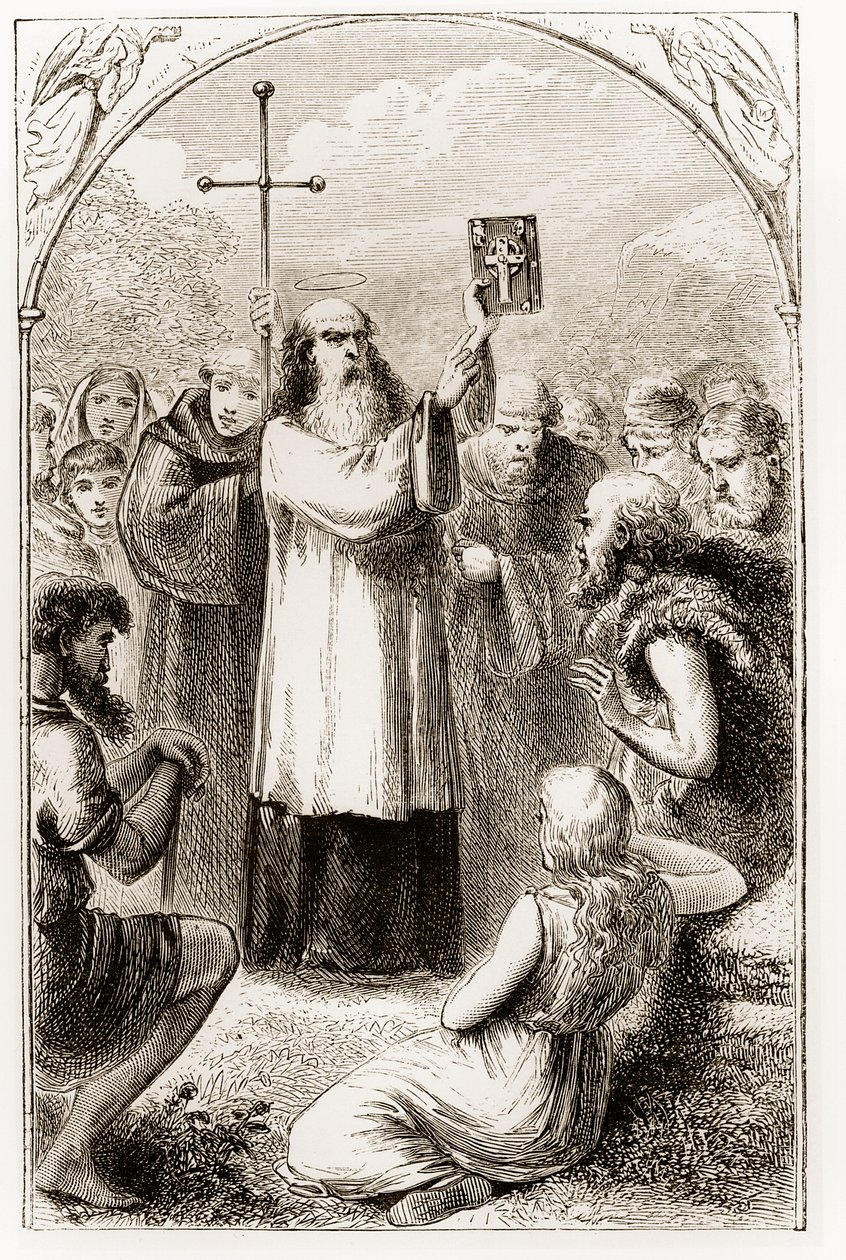 San Patricio mostrando al pueblo de Irlanda los Cuatro Evangelios, de The Trias Thaumaturga, o Tres Santos Milagrosos de Irlanda, por Mary Cusack (1829-99) publicado c.1890s de Irish School