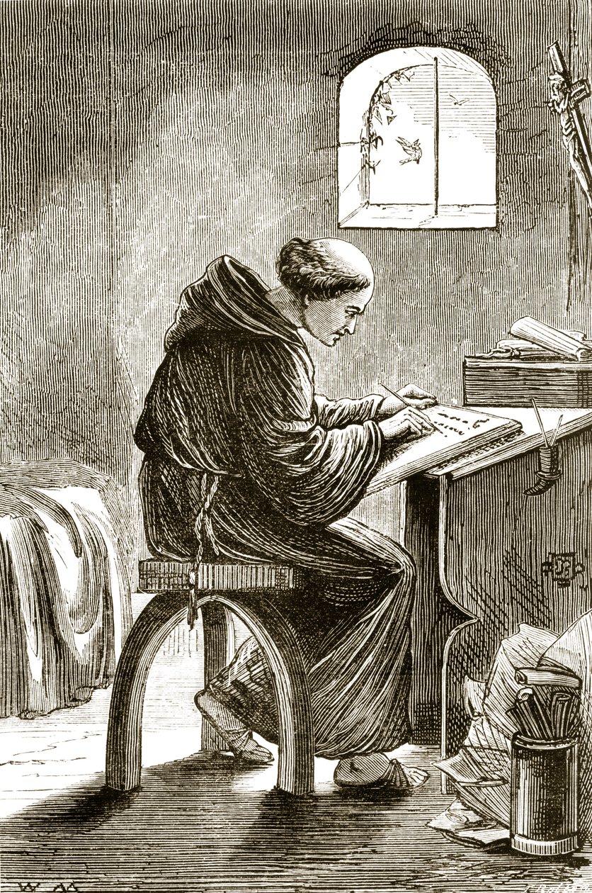 San Vicente escribiendo en su celda en Ferins, de The Trias Thaumaturga, o Tres Santos Milagrosos de Irlanda, por Mary Cusack (1829-99) publicado c.1890s de Irish School