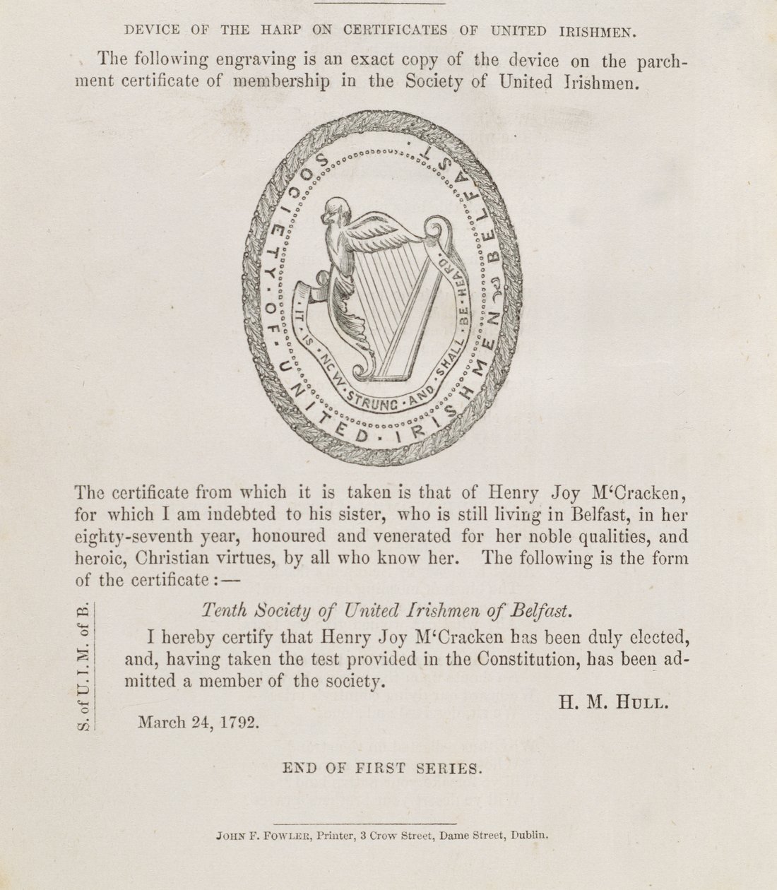 Sello de la Sociedad de Irlandeses Unidos de Belfast, hacia 1792 (grabado) de Irish School