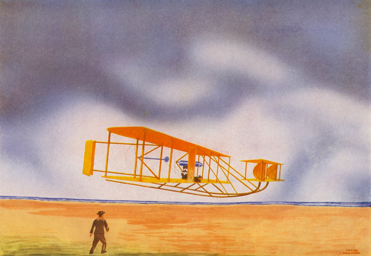 El avión de los hermanos Wright (litografía en color) de Irvin L. Holcombe