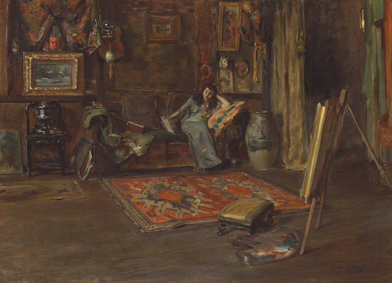 Interior del estudio de William Merritt Chase en la calle Tenth (óleo sobre lienzo) de Irving Ramsay Wiles