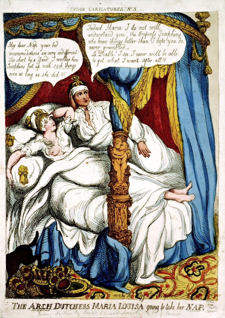 La Archiduquesa María Luisa yendo a tomar su siesta, caricatura sobre el matrimonio de Napoleón y María Luisa, publicada el 12 de abril de 1810 de Isaac Cruikshank