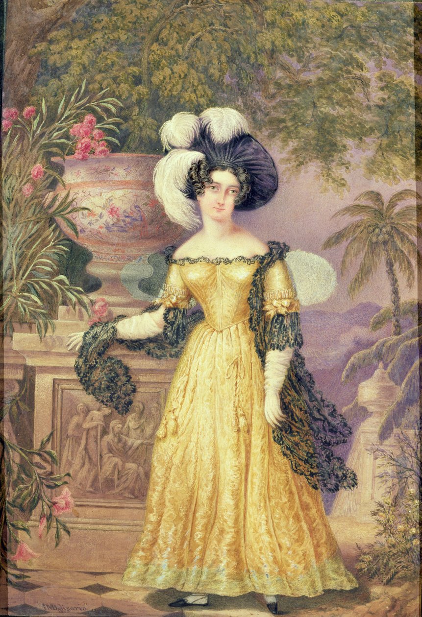 Lady Rowe, de pie en una terraza, un paisaje jamaicano iluminado por la luna al fondo de Isaac Mendes Belisario