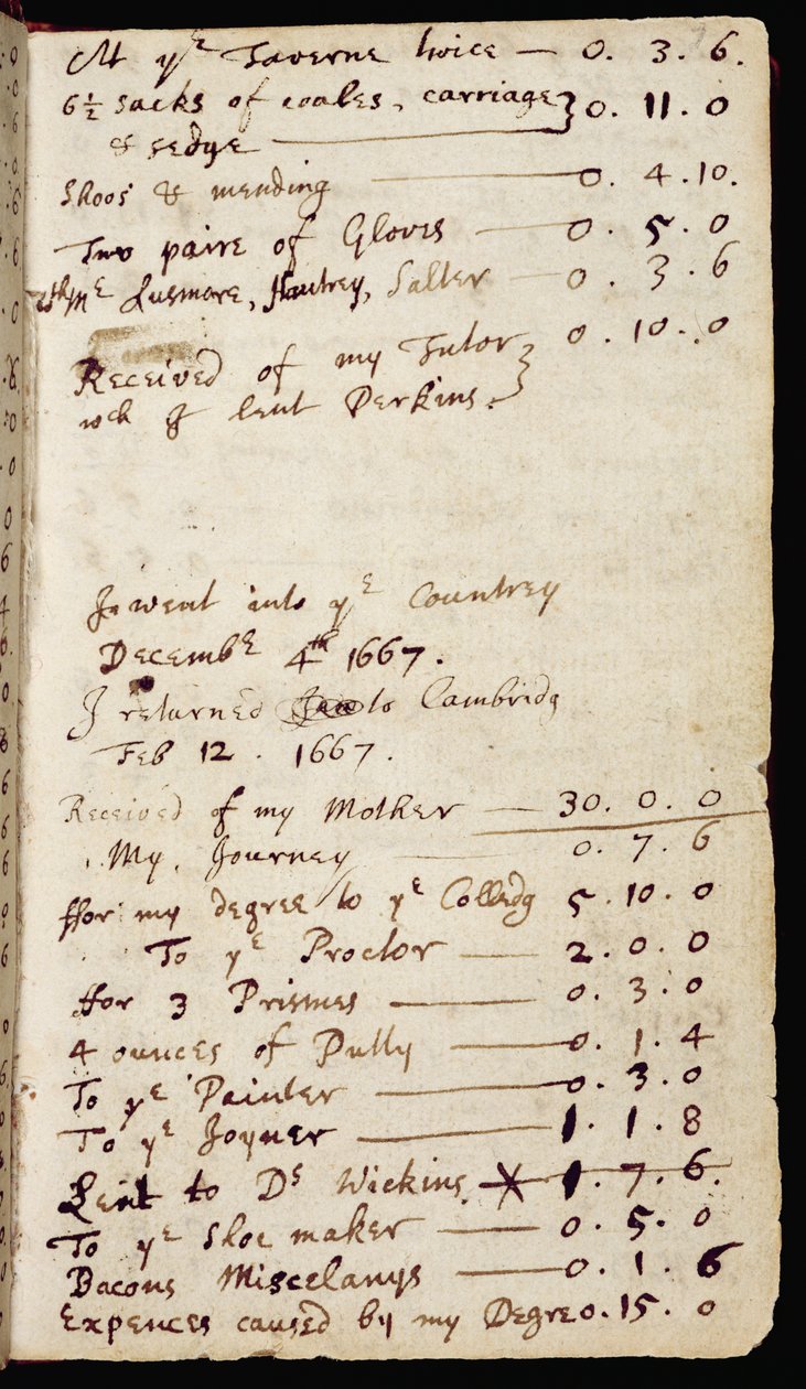 Página de un cuaderno que contiene los pensamientos de Newton sobre óptica y sus cuentas domésticas, c.1665-68 de Isaac Newton