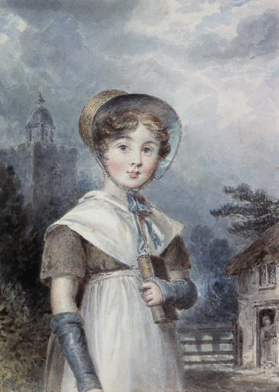 Niña con traje de cuáquera, sosteniendo una Biblia de Isaac Pocock