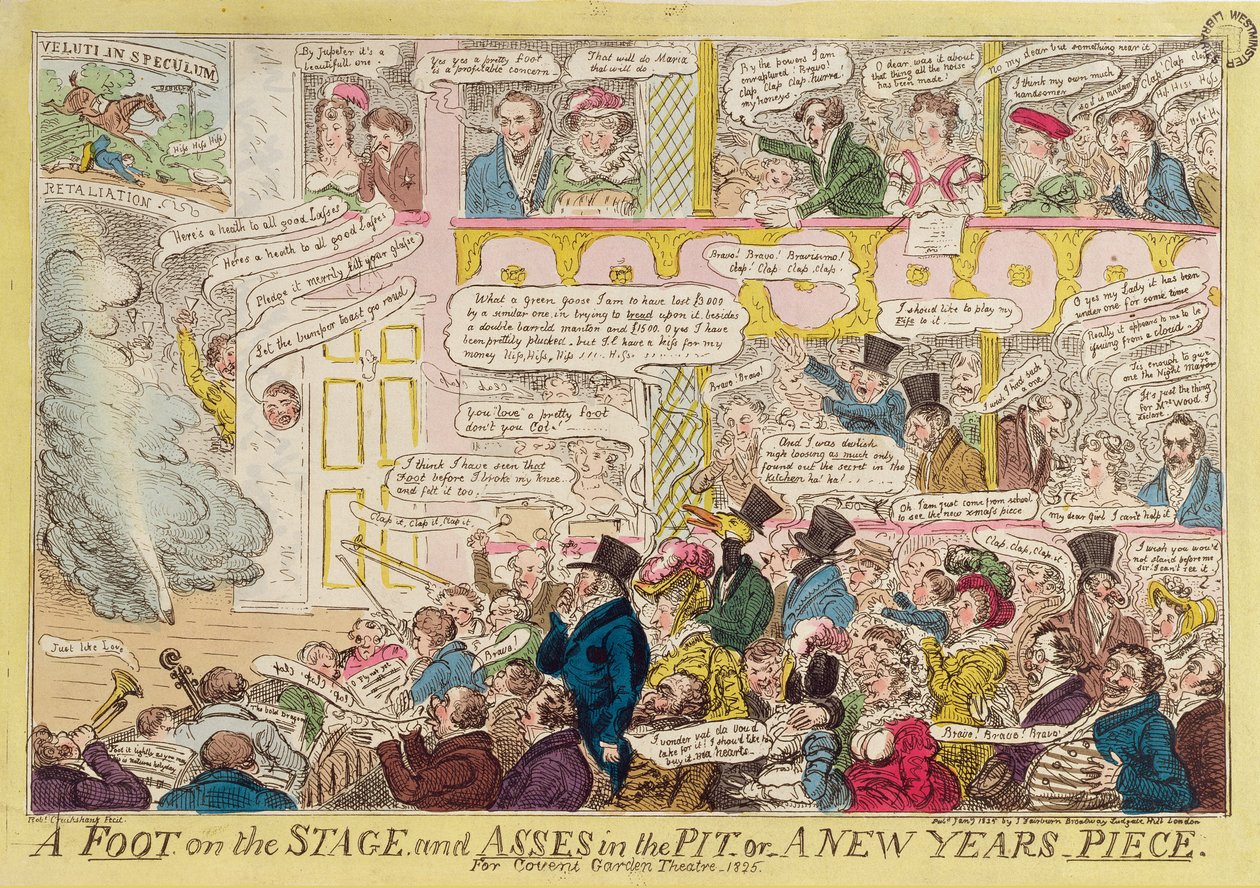 Un pie en el escenario y asnos en el foso, o una pieza de Año Nuevo para el Teatro Covent Garden, 1825 de Isaac Robert Cruikshank