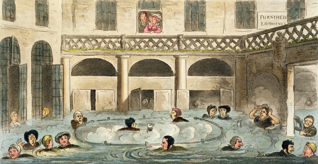 Baño público en Bath, o cociéndose vivo, impresión publicada por Sherwood y Co, 1825 de Isaac Robert Cruikshank