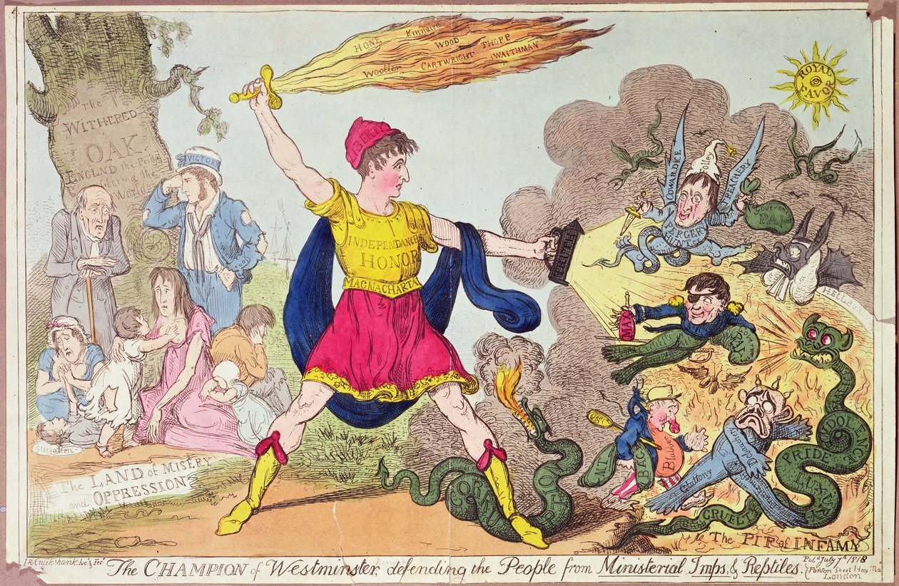 El campeón de Westminster, defendiendo al pueblo de los demonios y reptiles ministeriales, 1818 de Isaac Robert Cruikshank