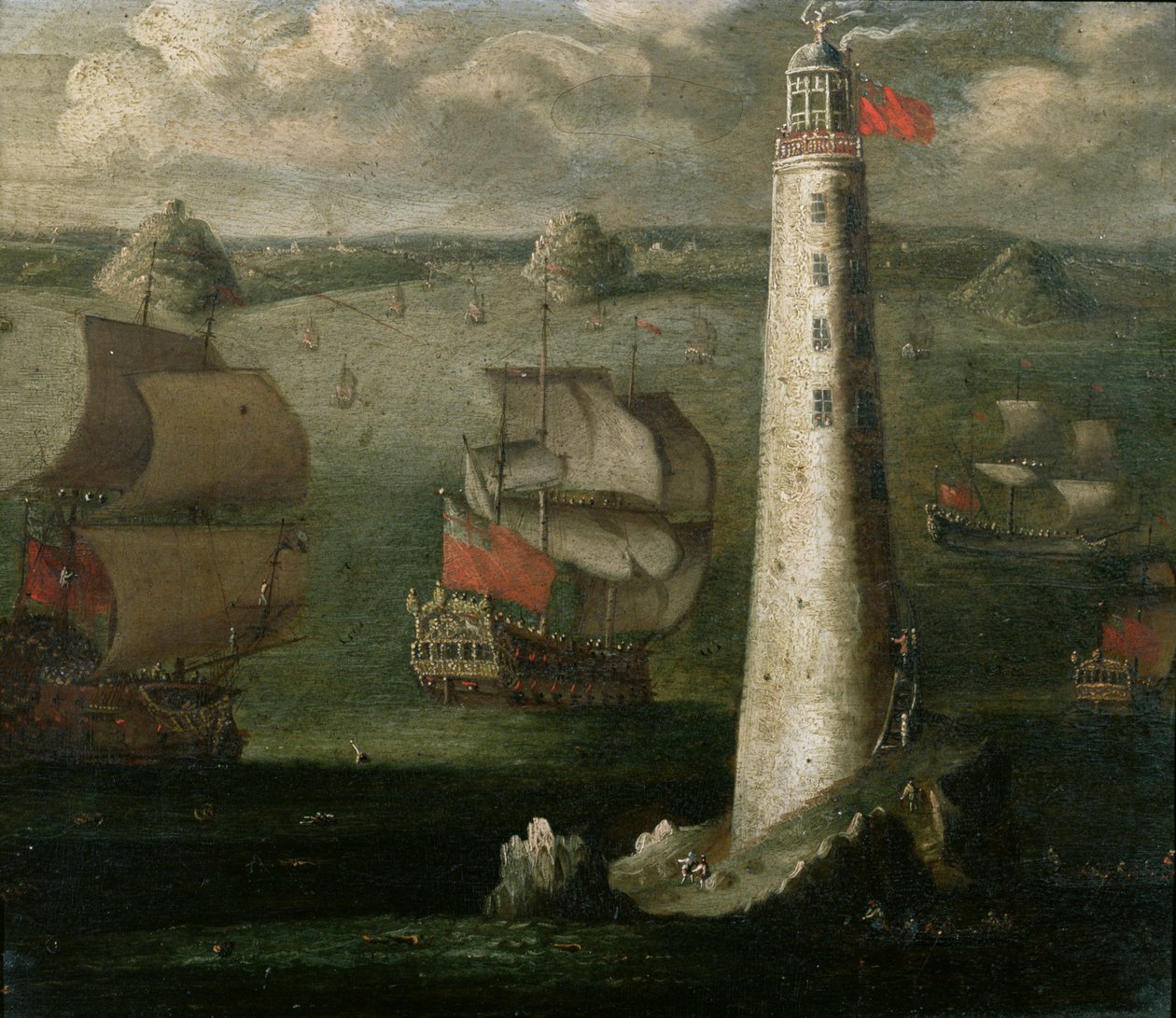 Hombres de guerra y otros barcos frente al faro de Eddystone de Isaac Sailmaker
