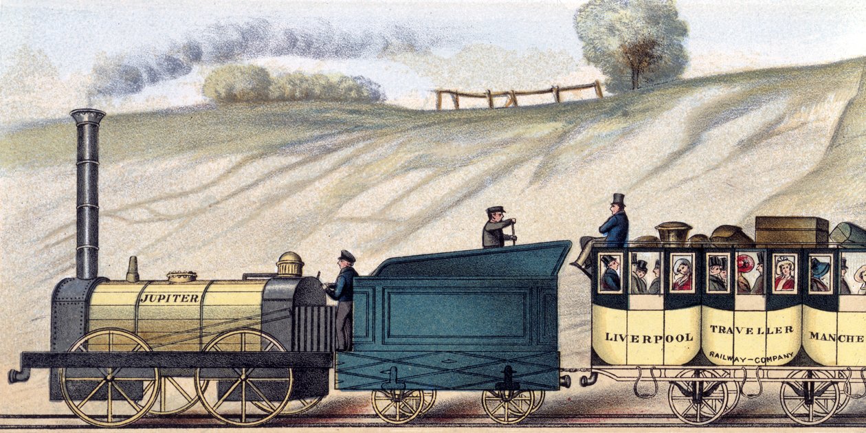 Viajando en el ferrocarril de Liverpool y Manchester, detalle de la locomotora 