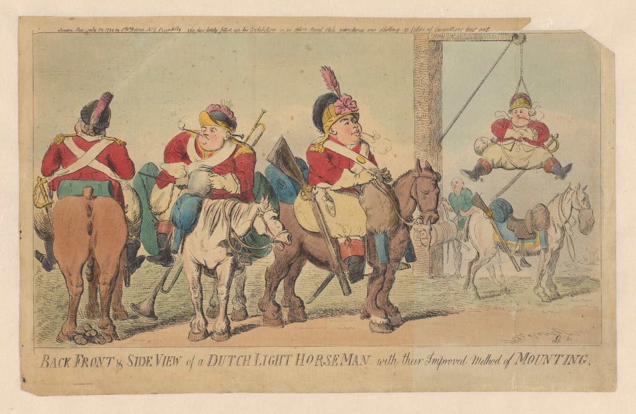 Método mejorado de la caballería ligera holandesa para montar a caballo. Vista trasera, frontal y lateral de un jinete ligero holandés, con su método mejorado de montaje (título sobre el objeto) de Isaac Cruikshank (signed by artist)