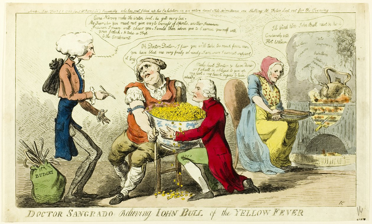 El Dr. Sangrado alivia a John Bull de la fiebre amarilla de Isaac Cruikshank