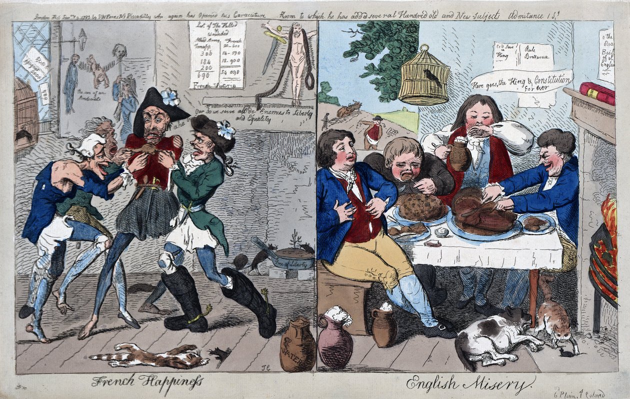 Felicidad francesa: Miseria inglesa, pub. 1793 de Isaac Cruikshank
